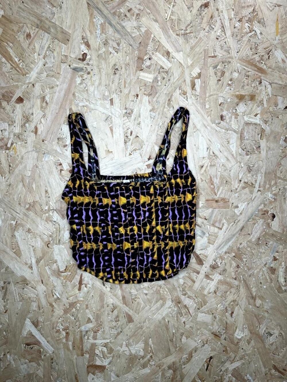 Valija Womens Crop Top Size XS Black Purple Yellow Abstract Print Smocked Back